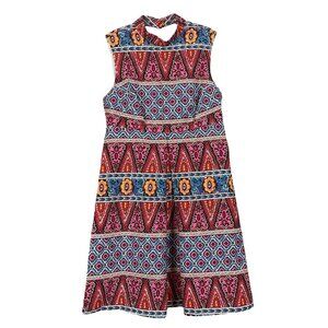 ASOS High Neck Halter Open Back Striped Geo Pleated Mini Dress Pink Blue Size 6
